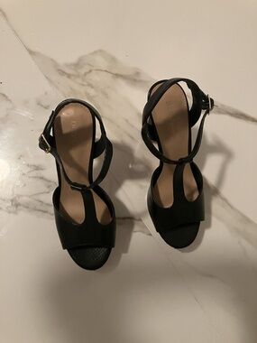 Black Textured Open-Toe Ankle-Strap Heels